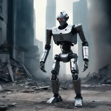 The robot in the science fiction movie appeared indifferent to the destruction happening around it.