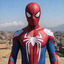 Spider-Man in a creative suit, ingeniously crafted from the Nepali flag, showcasing a beautiful fusion of superhero iconography and national symbolism.