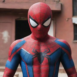 Spider-Man in a creative suit, ingeniously crafted from the Nepali flag, showcasing a beautiful fusion of superhero iconography and national symbolism.