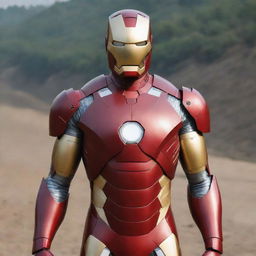 Iron Man in a specially designed suit, ingeniously constructed from the national flag of Nepal, symbolizing a striking amalgamation of high-tech modernity and national heritage.