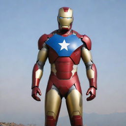 Iron Man in a specially designed suit, ingeniously constructed from the national flag of Nepal, symbolizing a striking amalgamation of high-tech modernity and national heritage.