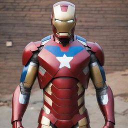 Iron Man in a specially designed suit, ingeniously constructed from the national flag of Nepal, symbolizing a striking amalgamation of high-tech modernity and national heritage.