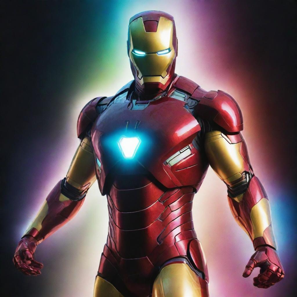 Iron Man emitting technicolor brilliance in a dazzling neon suit, illuminating the surrounding environment.