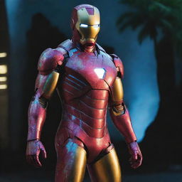 Iron Man emitting technicolor brilliance in a dazzling neon suit, illuminating the surrounding environment.