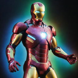 Iron Man emitting technicolor brilliance in a dazzling neon suit, illuminating the surrounding environment.