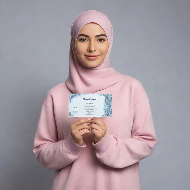 Create a portrait of a Muslim young lady adorned in a hijab and sneakers, firmly holding a large rectangular identity card