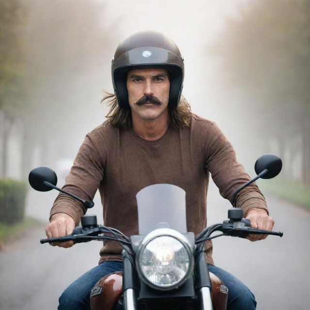 A male with a thin mustache, long hair, wearing a half face helmet and brown t-shirt, riding a Vmax motorbike on a foggy village road, radiating a sharp gaze under bright light.