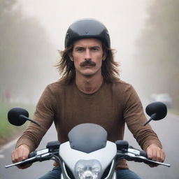 A male with a thin mustache, long hair, wearing a half face helmet and brown t-shirt, riding a Vmax motorbike on a foggy village road, radiating a sharp gaze under bright light.