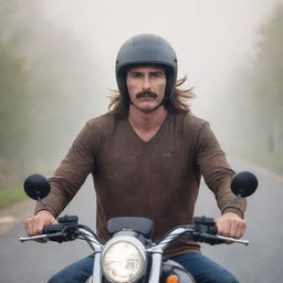 A male with a thin mustache, long hair, wearing a half face helmet and brown t-shirt, riding a Vmax motorbike on a foggy village road, radiating a sharp gaze under bright light.