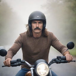 A male with a thin mustache, long hair, wearing a half face helmet and brown t-shirt, riding a Vmax motorbike on a foggy village road, radiating a sharp gaze under bright light.