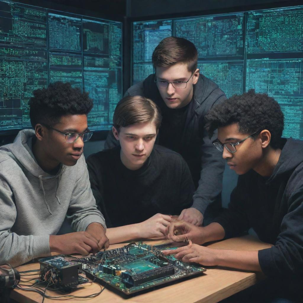 Five college students collaborating on a project featuring electronic components and coding, rendered in a cartoonish and cyberpunk aesthetic.