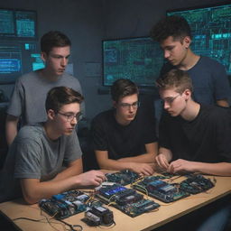 Five college students collaborating on a project featuring electronic components and coding, rendered in a cartoonish and cyberpunk aesthetic.