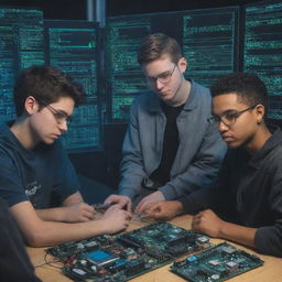 Five college students collaborating on a project featuring electronic components and coding, rendered in a cartoonish and cyberpunk aesthetic.