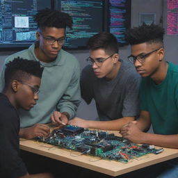 Five college students collaborating on a project featuring electronic components and coding, rendered in a cartoonish and cyberpunk aesthetic.