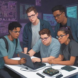 Four college students and one slightly overweight student working together on an electronic project, all drawn in a cartoonish style with a cyberpunk aesthetic.