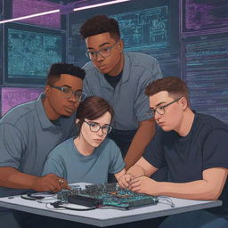 Four college students and one slightly overweight student working together on an electronic project, all drawn in a cartoonish style with a cyberpunk aesthetic.