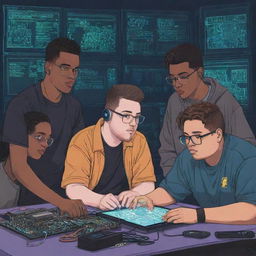 Four college students and one slightly overweight student working together on an electronic project, all drawn in a cartoonish style with a cyberpunk aesthetic.