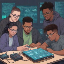 Four college students and one slightly overweight student working together on an electronic project, all drawn in a cartoonish style with a cyberpunk aesthetic.