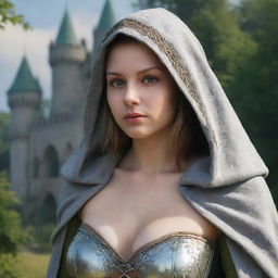 medieval hooded beatifull, bigb boobs, elf girl in front with castle and forest background charmOfTheRealm, realistic hd, high detailed,