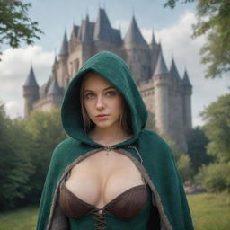 medieval hooded beatifull, bigb boobs, elf girl in front with castle and forest background charmOfTheRealm, realistic hd, high detailed,