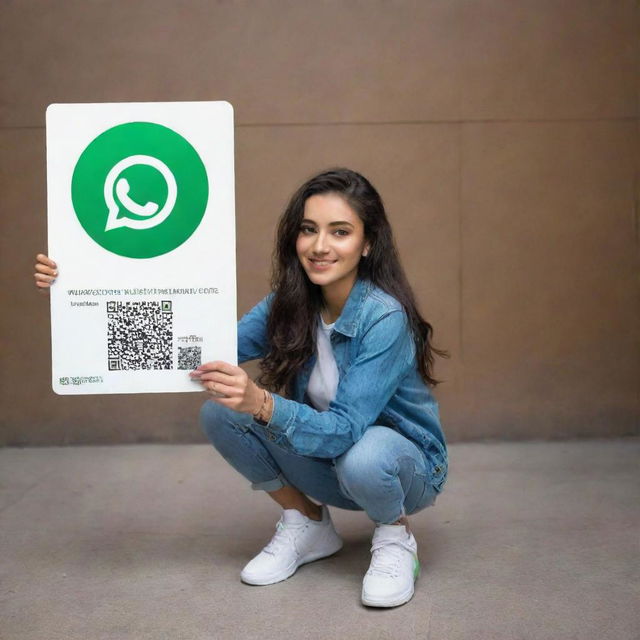 A stylish young lady in sneakers, holding up a large, rectangular identity card that prominently displays the word 'WHATSAPP'. On the left side of the card, 'mahnoor' is written elegantly. In the center of the card, a detailed image of a WhatsApp QR code.