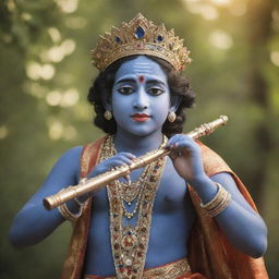 A high-definition, charming depiction of Lord Krishna in traditional attire, playing the flute, against a serene background