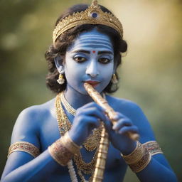 A high-definition, charming depiction of Lord Krishna in traditional attire, playing the flute, against a serene background