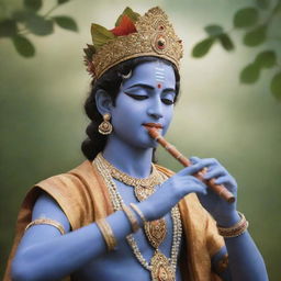 A high-definition, charming depiction of Lord Krishna in traditional attire, playing the flute, against a serene background