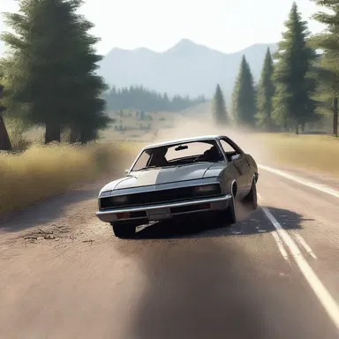 The protagonist narrowly escapes a car crash thanks to the durability of the pit-run gravel on the road.