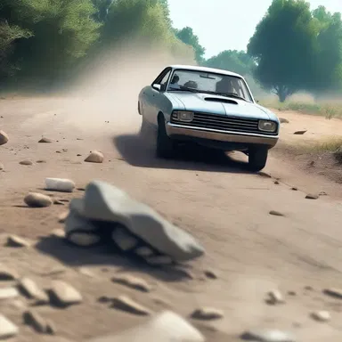 The protagonist narrowly escapes a car crash thanks to the durability of the pit-run gravel on the road.