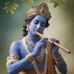 A high-definition, charming depiction of Lord Krishna in traditional attire, playing the flute, against a serene background