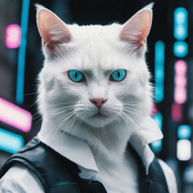 A white cat in a cyberpunk aesthetic