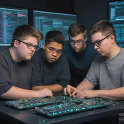 Four college students, three standard and one slightly overweight, alongside one boy without glasses, all collaborating on an electronic project. Image is to be conveyed in a cartoonish, cyberpunk style.