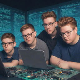 Four college students, three standard and one slightly overweight, alongside one boy without glasses, all collaborating on an electronic project. Image is to be conveyed in a cartoonish, cyberpunk style.