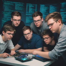 Four college students, three standard and one slightly overweight, alongside one boy without glasses, all collaborating on an electronic project. Image is to be conveyed in a cartoonish, cyberpunk style.