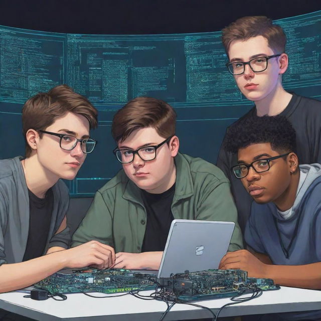 Four college students, three standard and one slightly overweight, alongside one boy without glasses, all collaborating on an electronic project. Image is to be conveyed in a cartoonish, cyberpunk style.