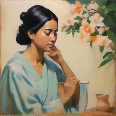 The painting depicts a serene scene where a woman gracefully applies an unction on her face, symbolizing self-care and rejuvenation.