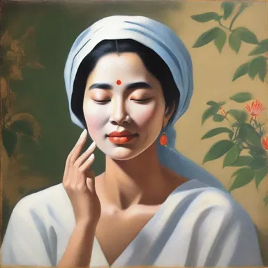 The painting depicts a serene scene where a woman gracefully applies an unction on her face, symbolizing self-care and rejuvenation.