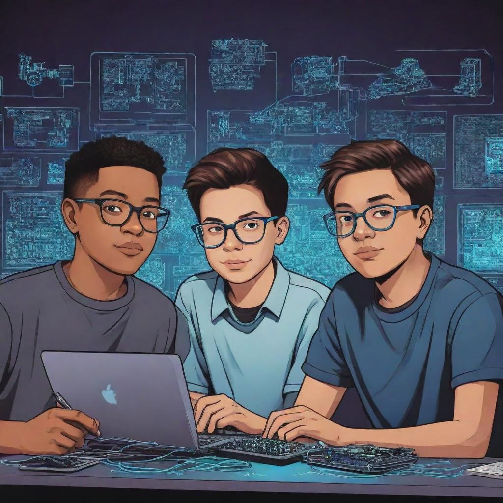 A logo featuring four college students, three of average build, one slightly overweight, and a boy without glasses, all collaborating on an electronics project, drawn in a cartoonish cyberpunk style.