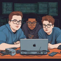 A logo featuring four college students, three of average build, one slightly overweight, and a boy without glasses, all collaborating on an electronics project, drawn in a cartoonish cyberpunk style.