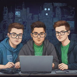 A logo featuring four college students, three of average build, one slightly overweight, and a boy without glasses, all collaborating on an electronics project, drawn in a cartoonish cyberpunk style.