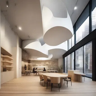 The avant-garde building design features unconventional spaces to encourage creativity and collaboration, catering to the dissident nature of the occupants.