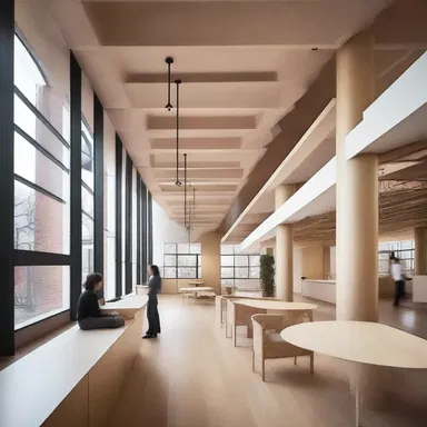 The avant-garde building design features unconventional spaces to encourage creativity and collaboration, catering to the dissident nature of the occupants.