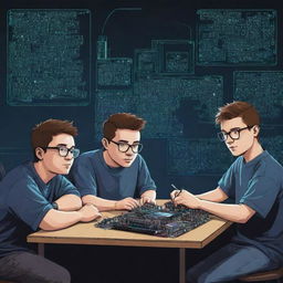 A logo featuring four college students, three of average build, one slightly overweight, and a boy without glasses, all collaborating on an electronics project, drawn in a cartoonish cyberpunk style.