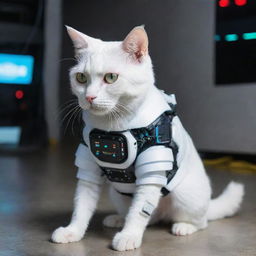 A white cat dressed in cyberpunk-styled robotic attire