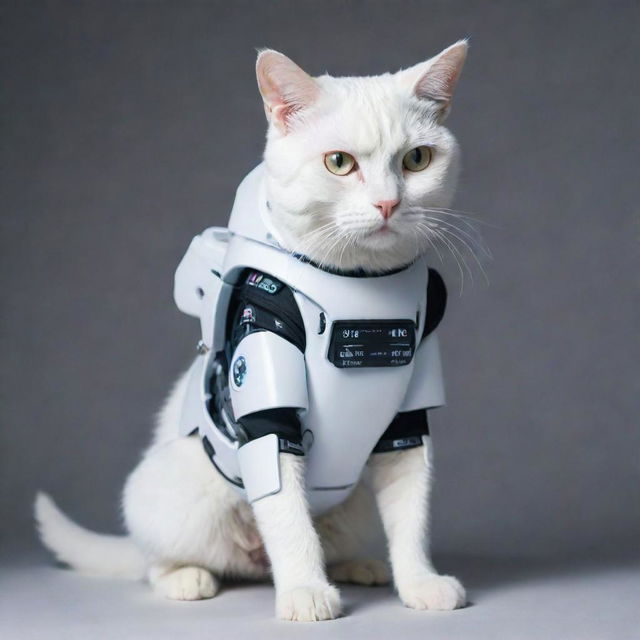 A white cat dressed in cyberpunk-styled robotic attire