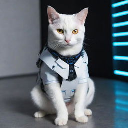 A white cat dressed in cyberpunk-styled robotic attire