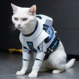 A white cat dressed in cyberpunk-styled robotic attire