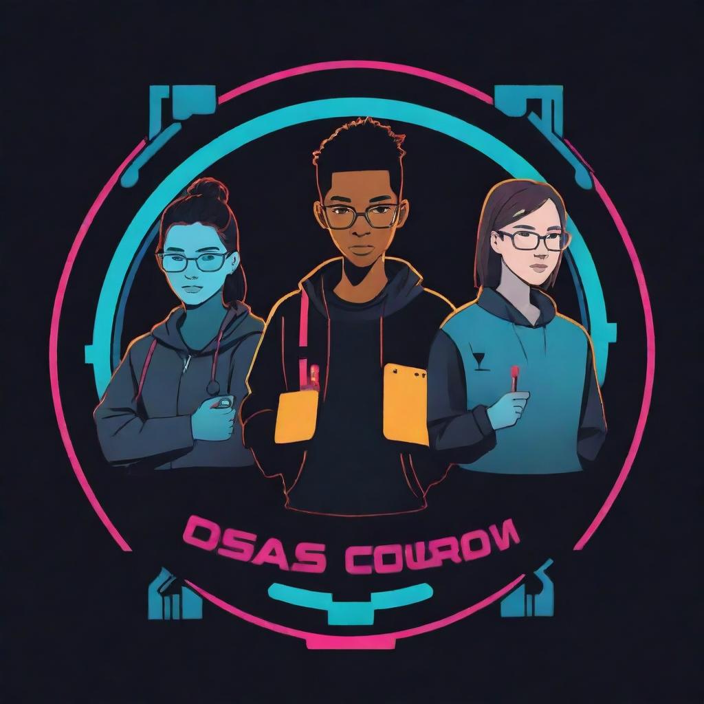 A compact, impactful logo featuring simplified designs of four students and an electronic project, represented in a cartoonish, cyberpunk style.