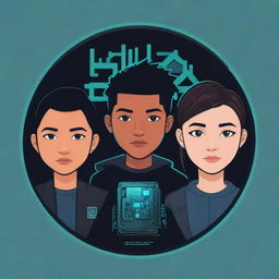 A compact, impactful logo featuring simplified designs of four students and an electronic project, represented in a cartoonish, cyberpunk style.